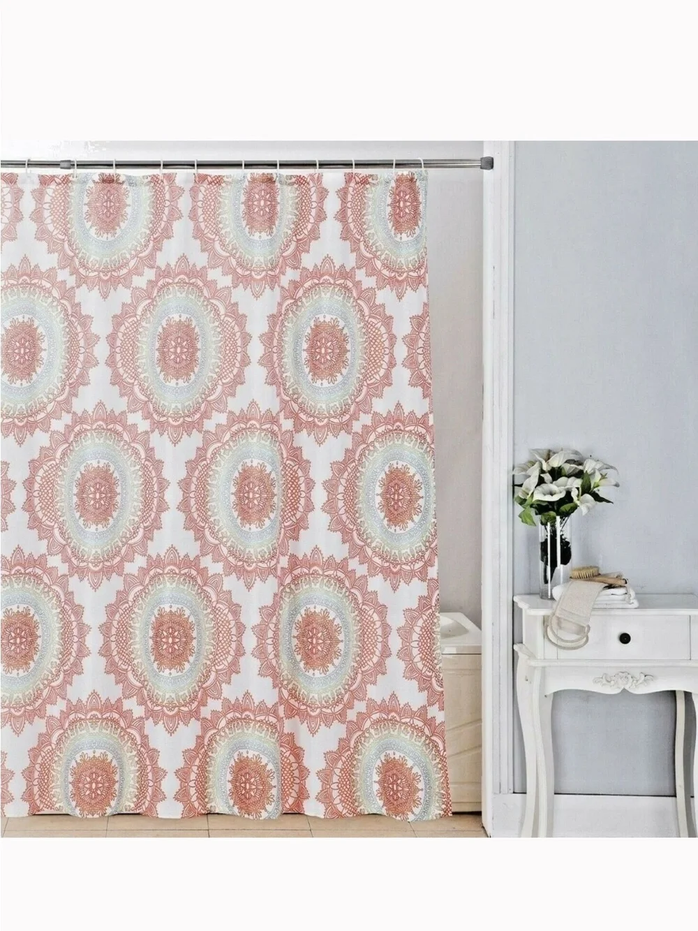 Coral Medallion Fabric Shower Curtain with Cream & Light Blue Accents